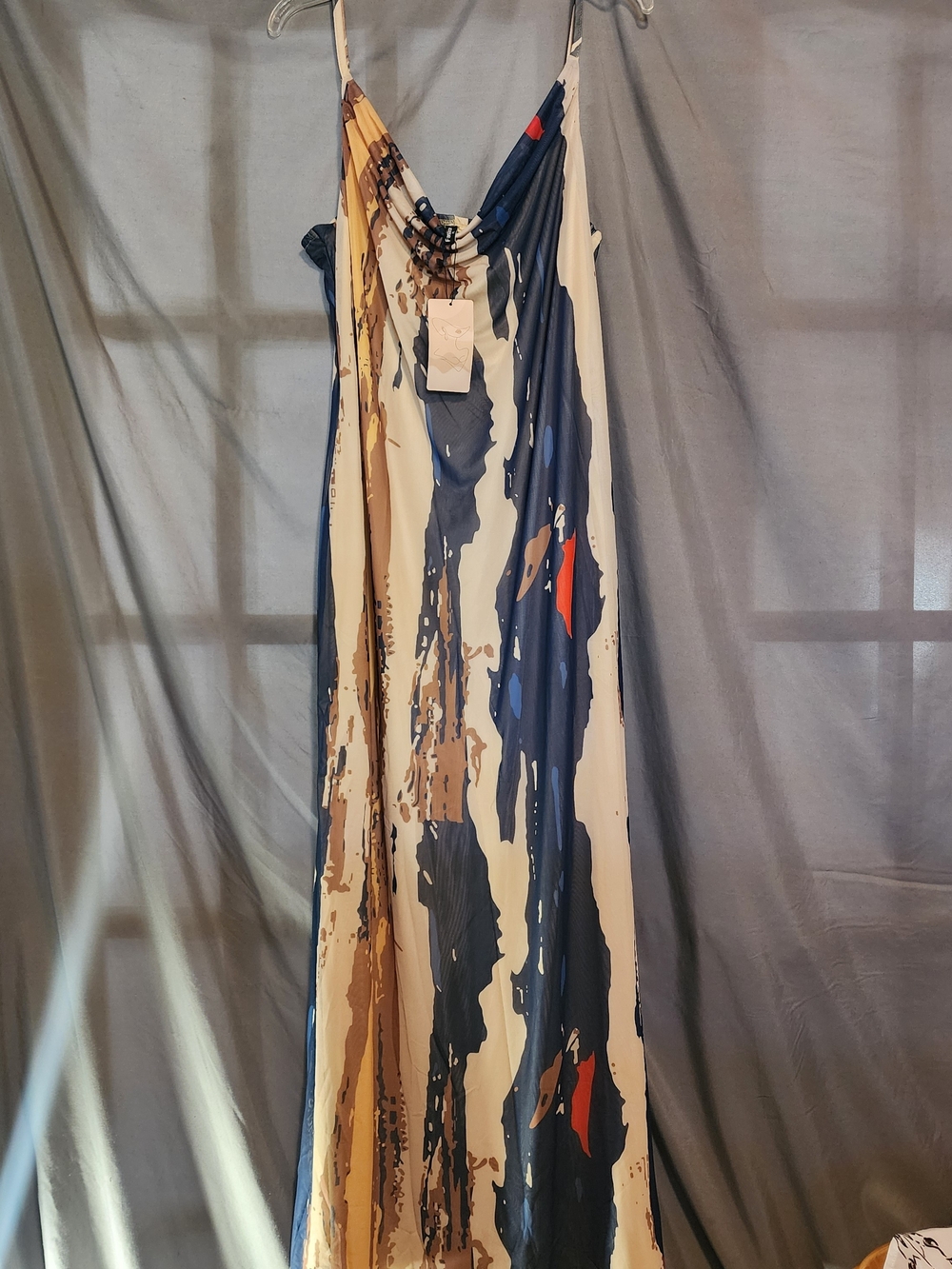 NWT- Abstract Print Maxi Dress in Navy and Cream- Thin Straps